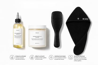 Coffret routine capillaire complète Miaou - huile, masque, brosse et serviette microfibre